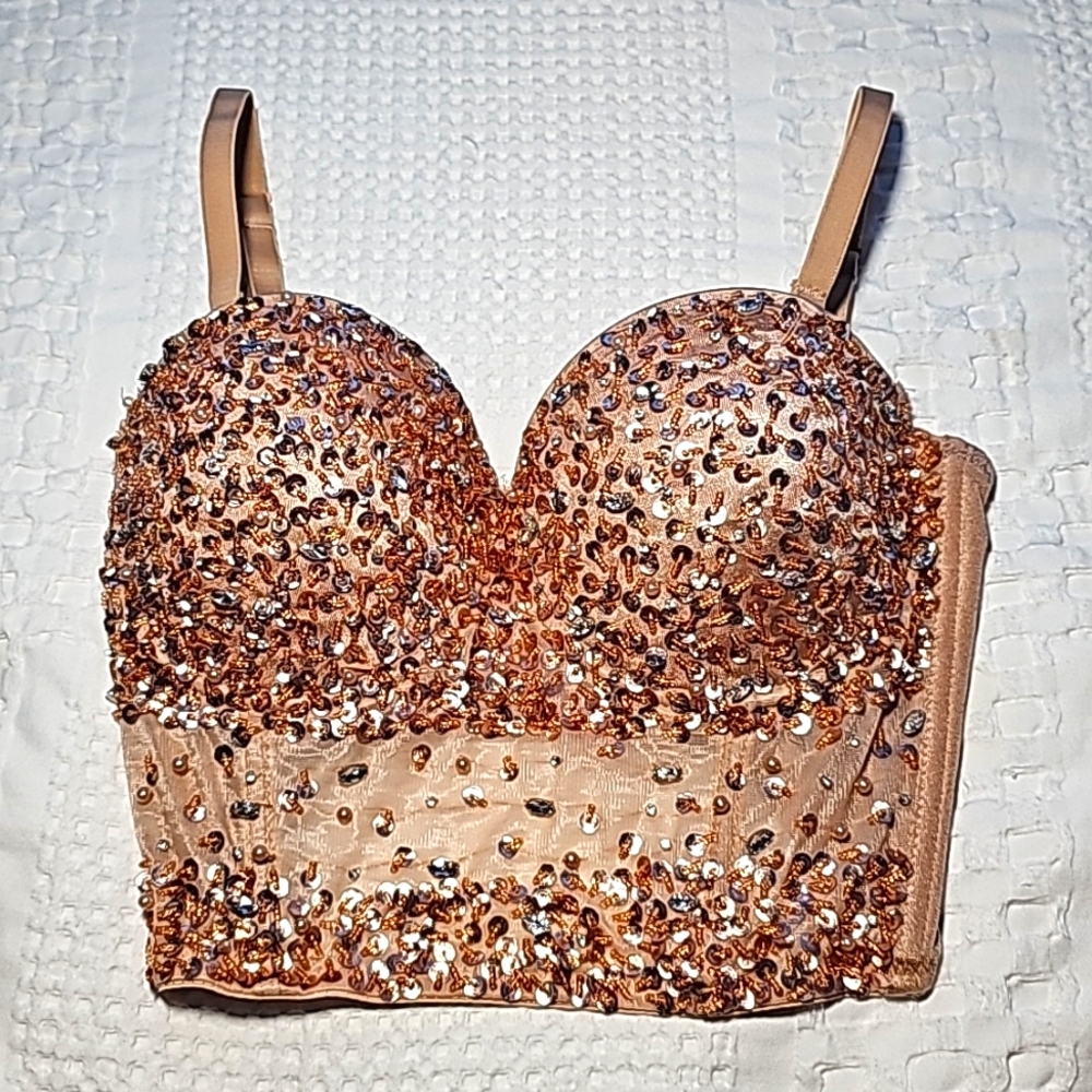 Gold Skin Mesh Rhinestone Corset Crop Top